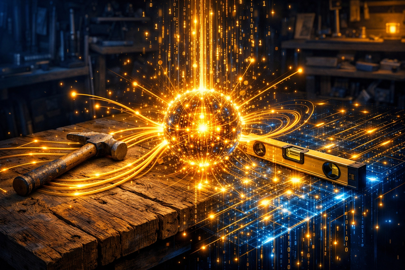 Traditionelle Werkzeuge verbunden mit digitaler KI für modernes Datenmanagement.