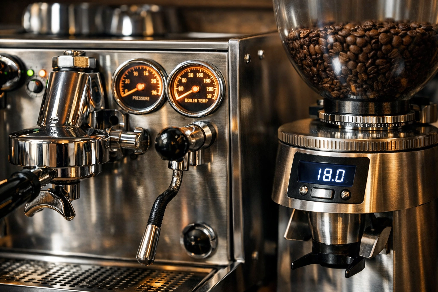 Professional espresso machine and coffee grinder essential for setting up a coffee shop.