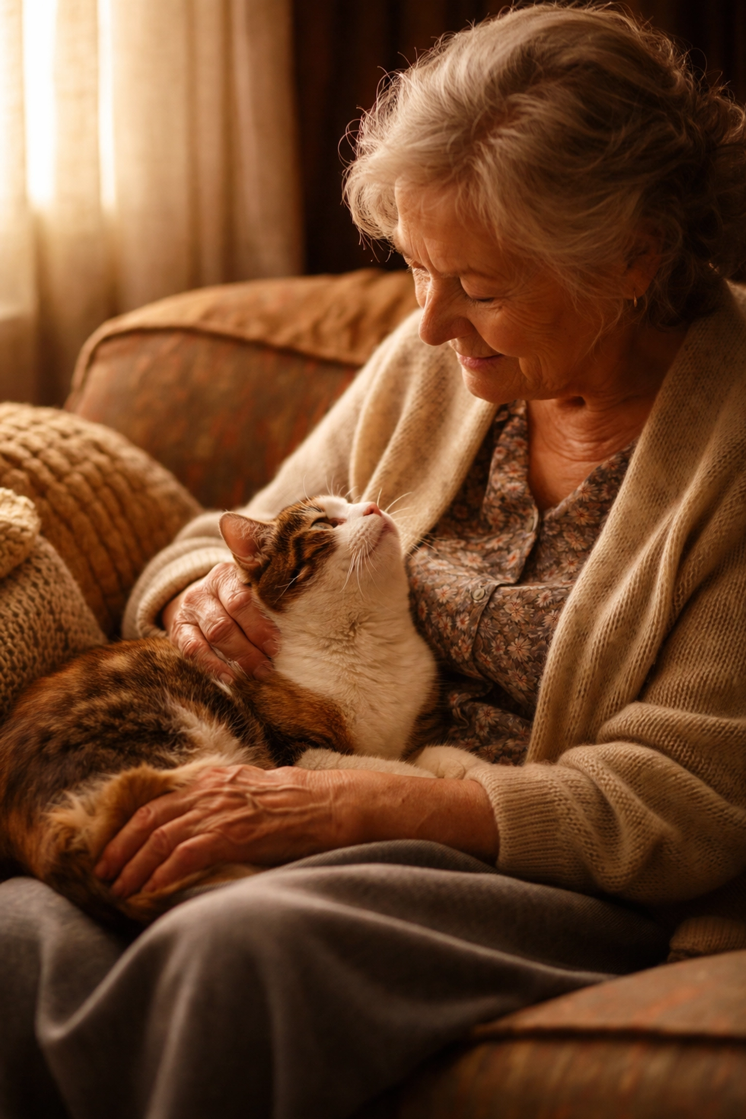 Senior woman lovingly cuddling a rescued calico cat at home, showing the impact of monthly giving through the cats foundation