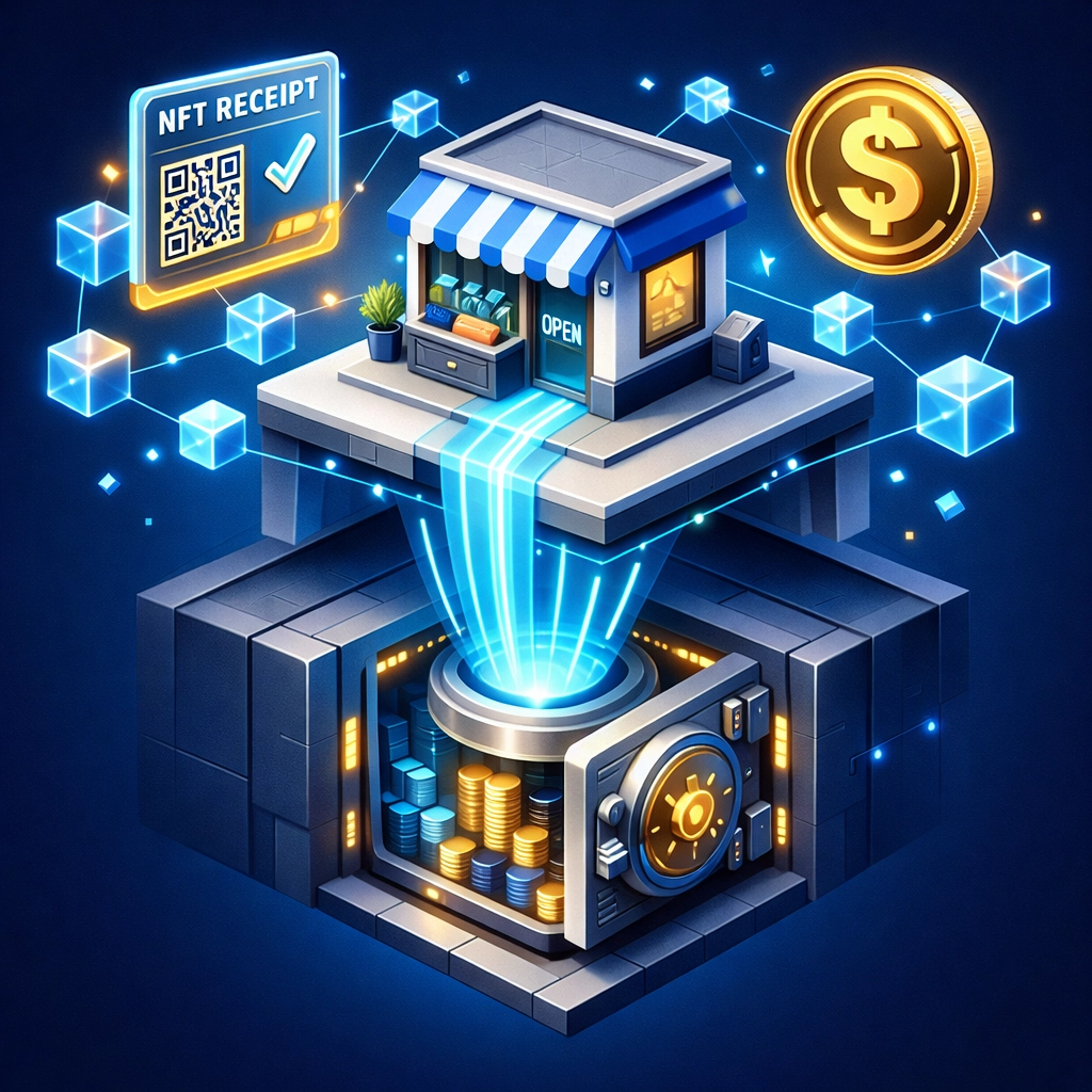 Self-custody merchant ecosystem with direct payment settlement, NFT receipts, and blockchain nodes