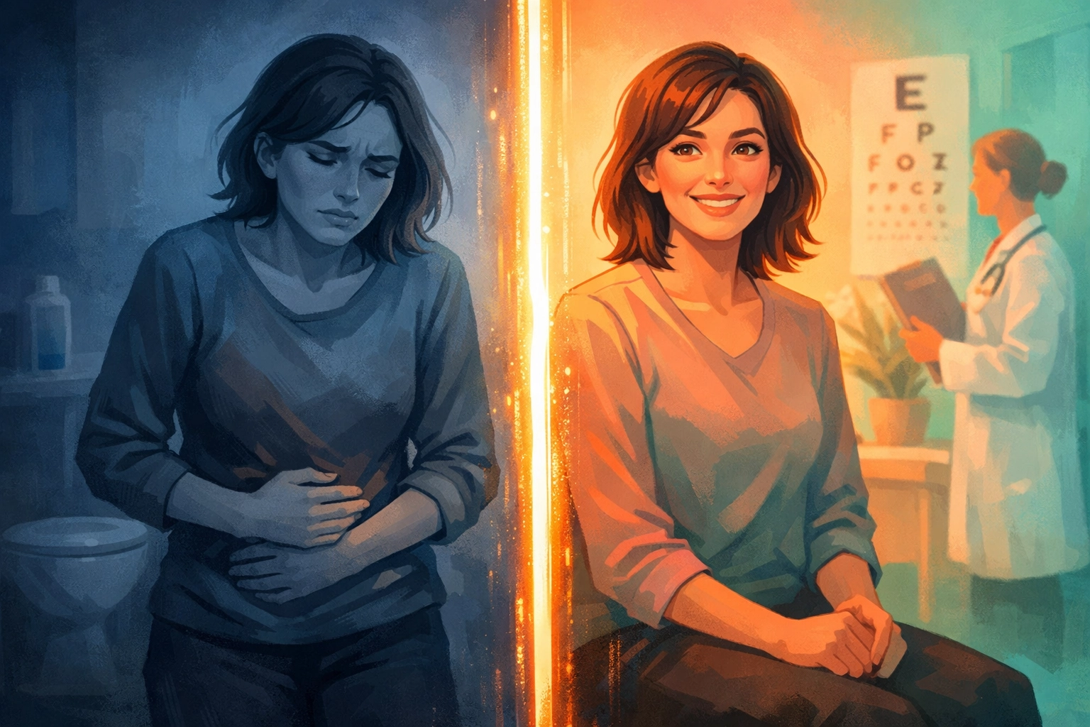 Person experiencing STI symptoms before and after visiting doctor for care