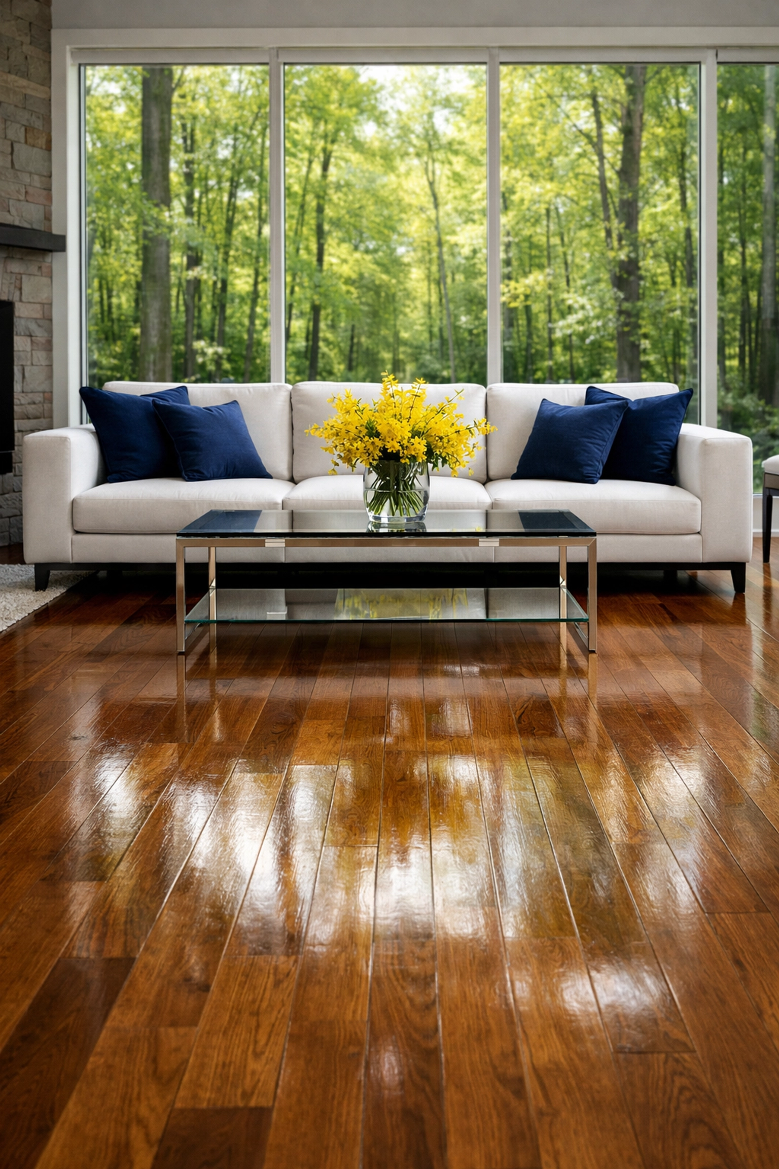 A spotless, sunlit living room showing the results of reliable house cleaning in Townsend MA.