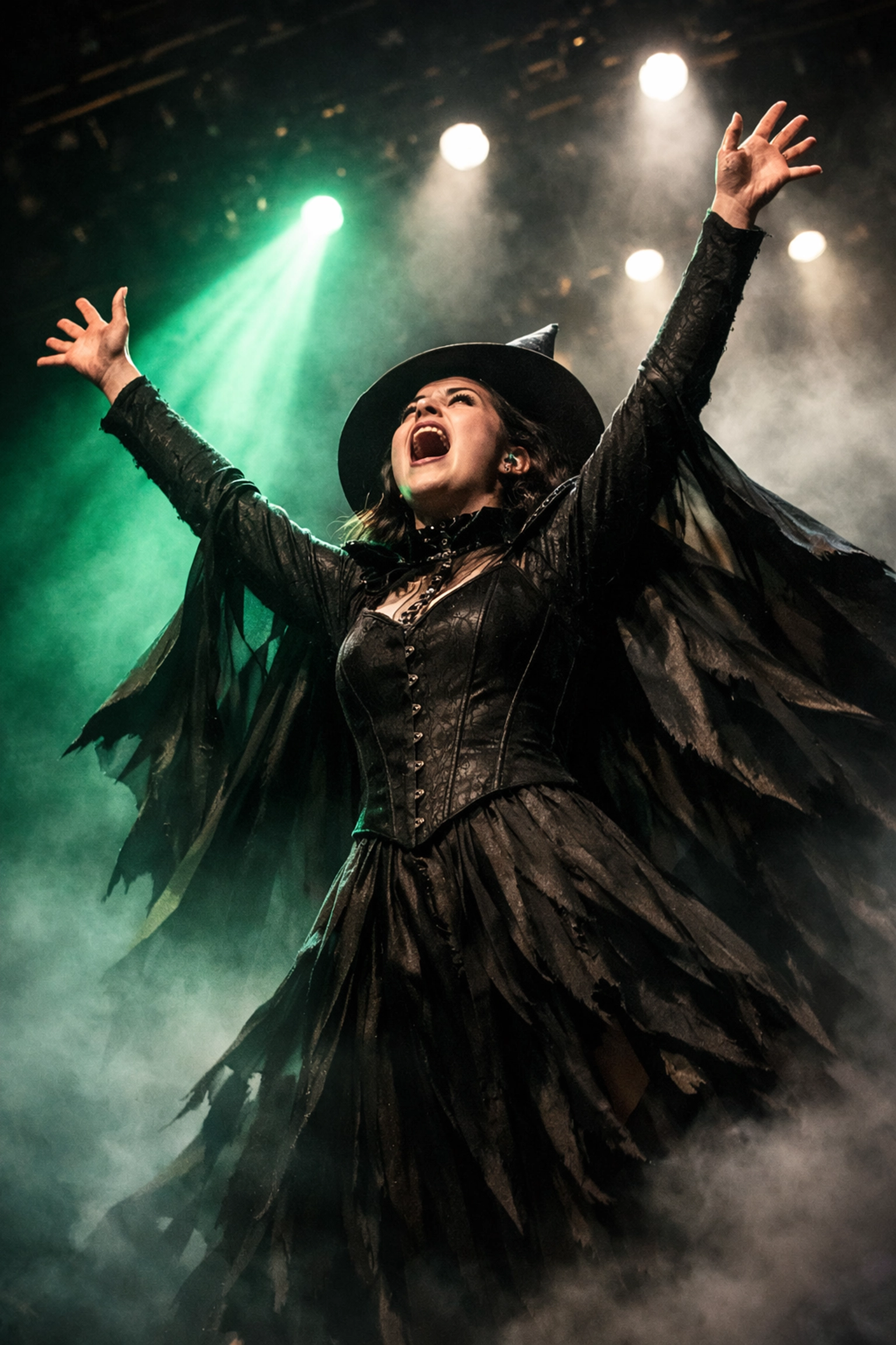 Singer performing Defying Gravity from Wicked on stage with dramatic lighting and powerful belting technique