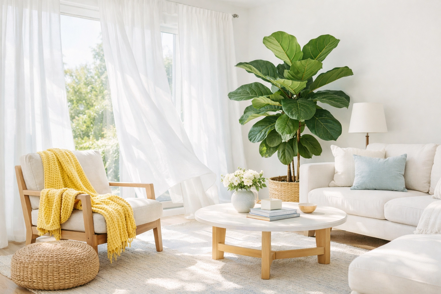 Sun-drenched living room highlighting the safe results of eco-friendly cleaning services near me.