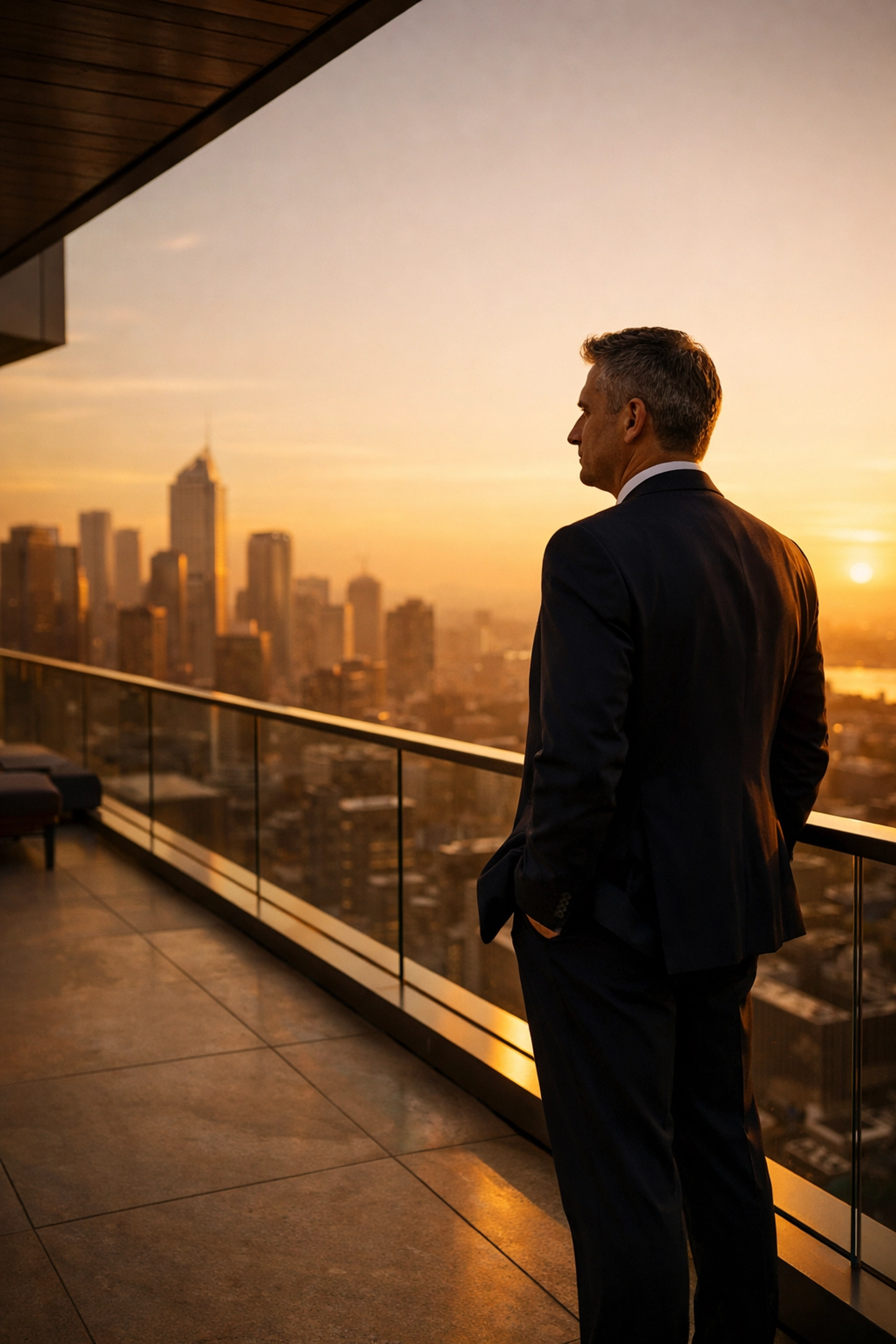 CEO leader standing on office terrace overlooking city with strategic vision and executive clarity