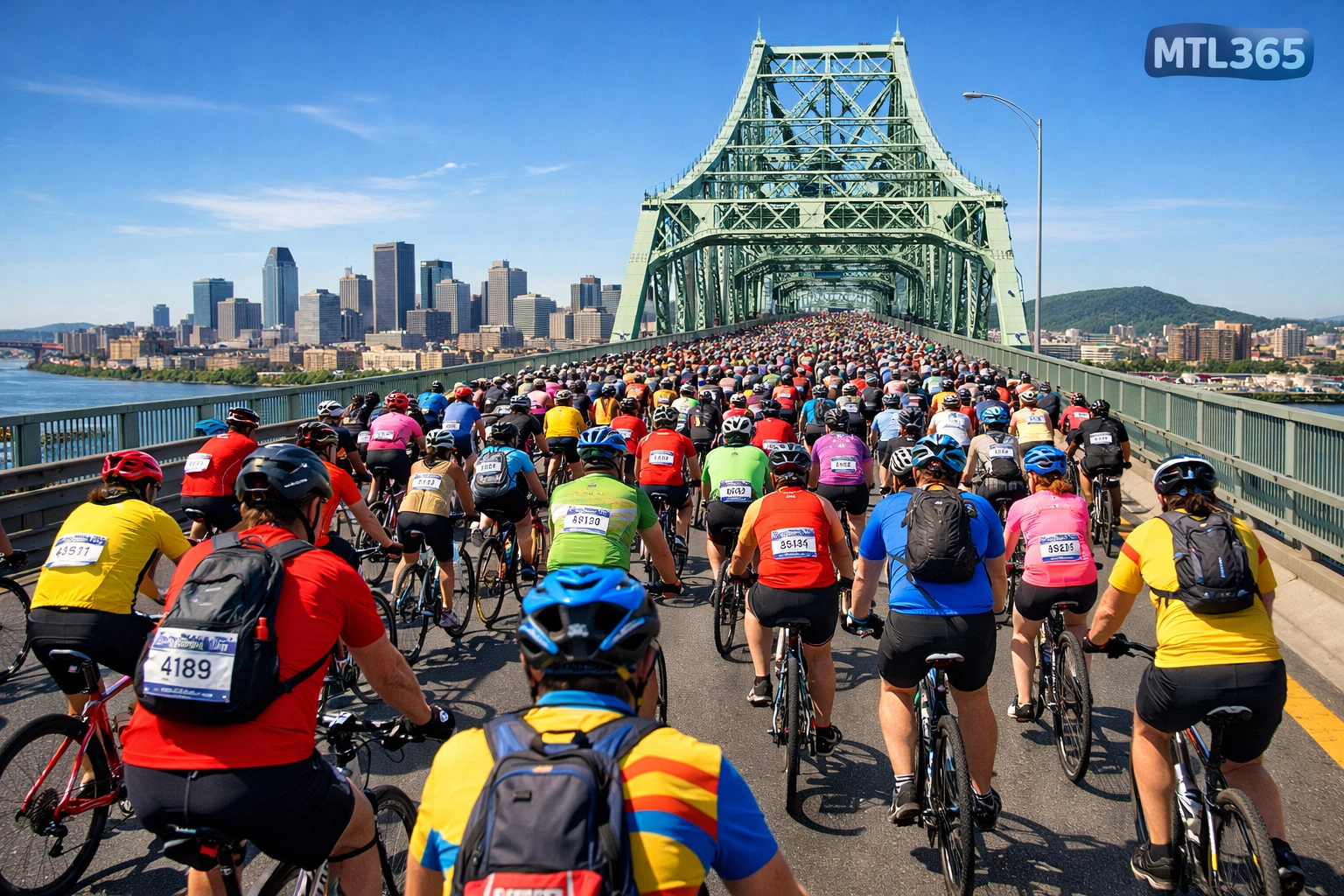 Cyclists crossing the Jacques Cartier Bridge during the Montreal Tour de l’Île event.