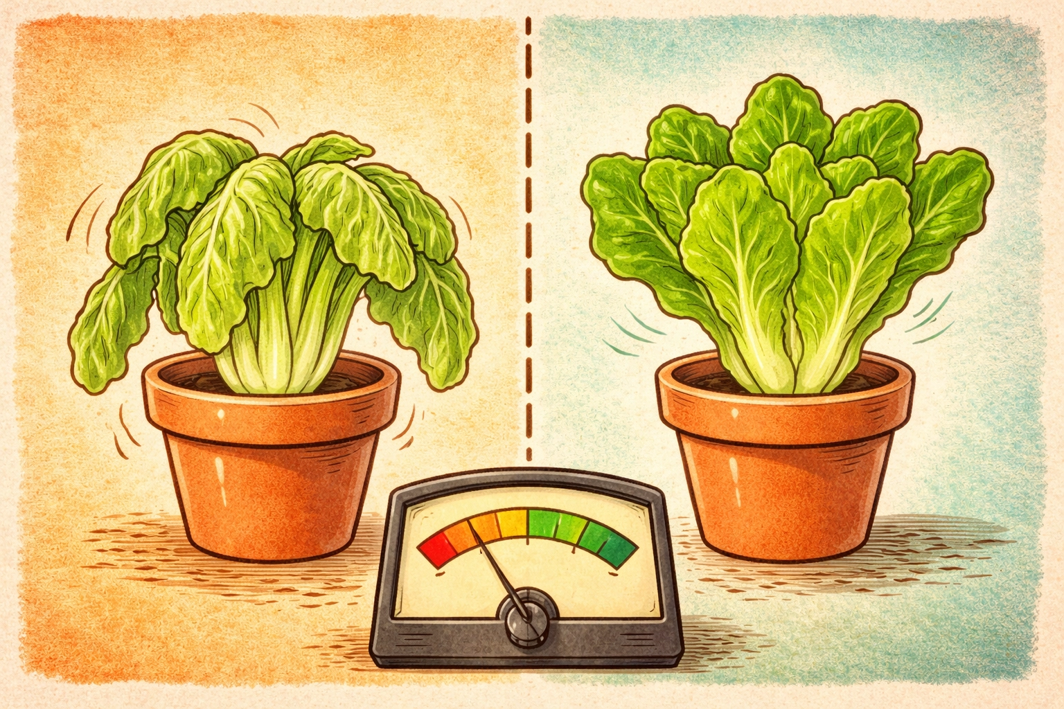 Storybook split scene of droopy vs healthy lettuce plants beside a simple multimeter dial gauge