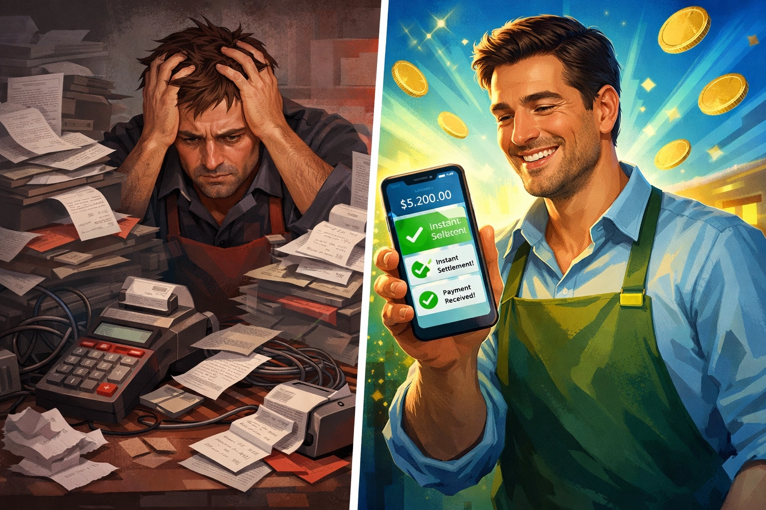 Merchant comparing traditional payment processing stress versus self-custody digital wallet ease