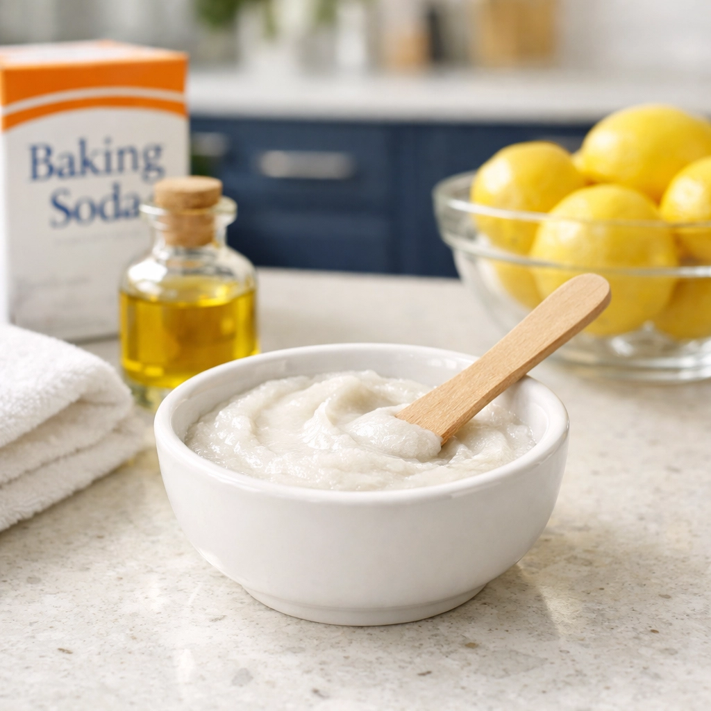 DIY baking soda and oil paste for removing adhesive residue during weekly house cleaning.