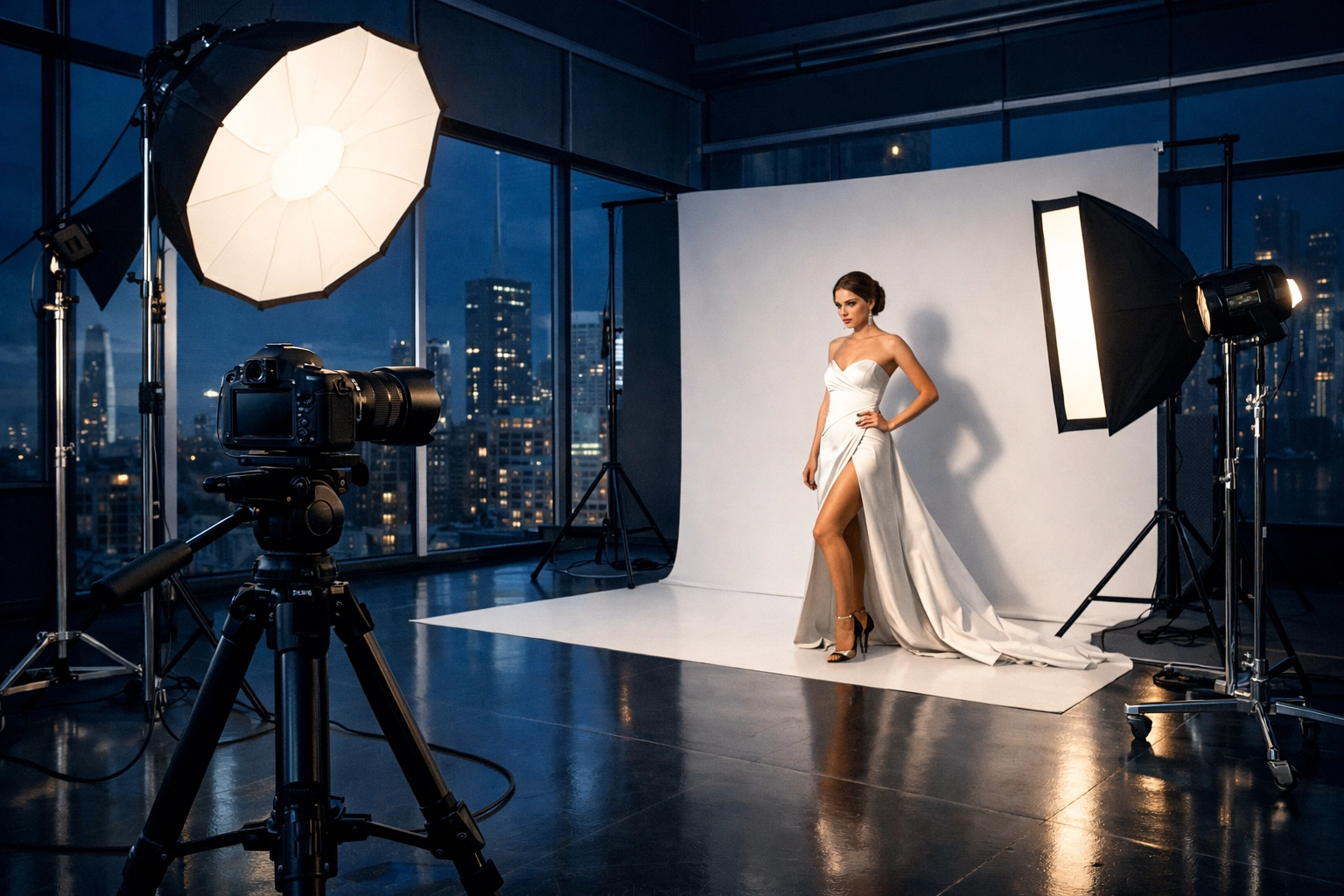 Professional photography studio with high-end lighting and gear for premium commercial client shoots.