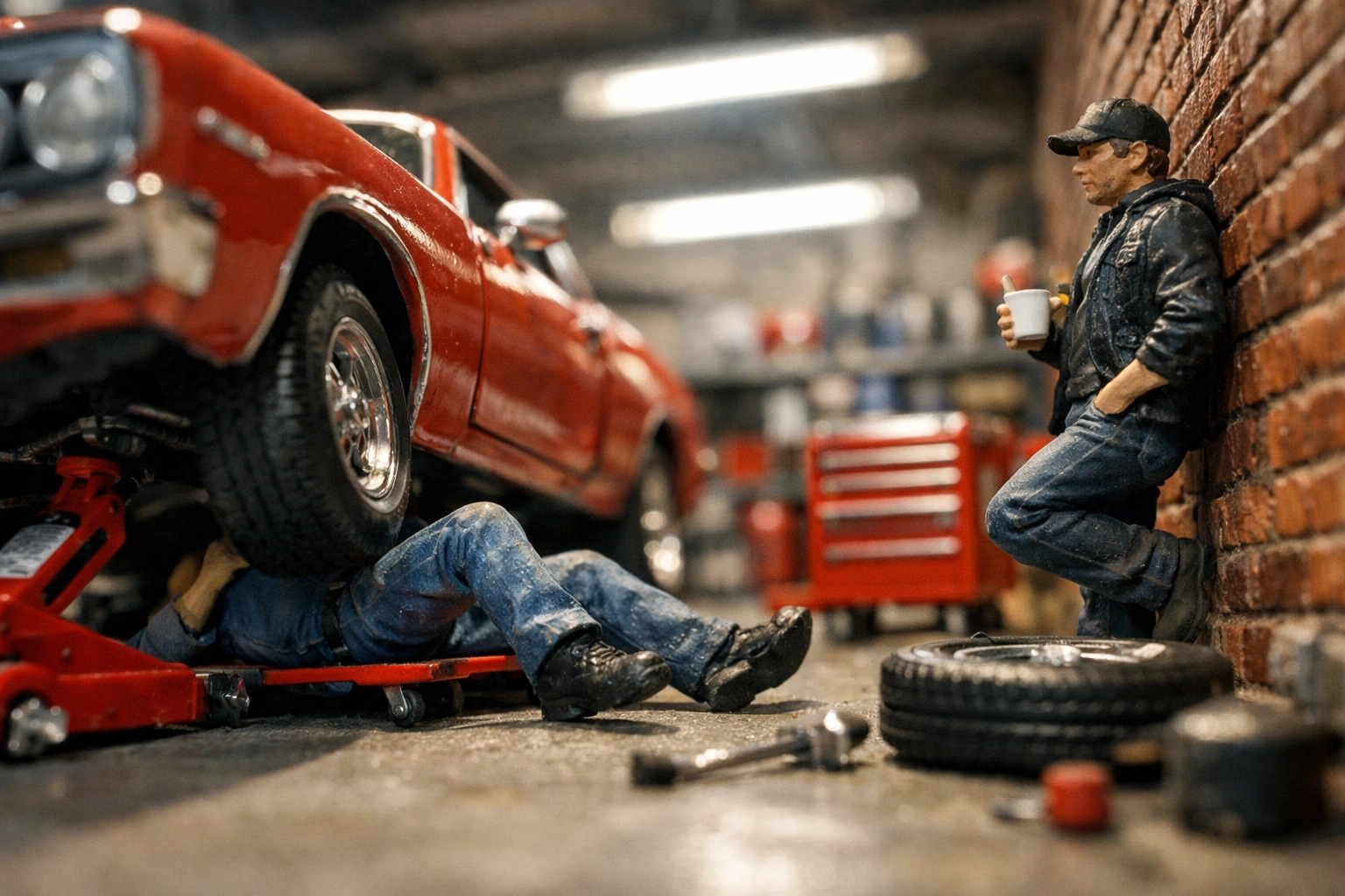 Realistic 1/64 scale figures in a miniature garage diorama featuring a mechanic working under a red diecast car.