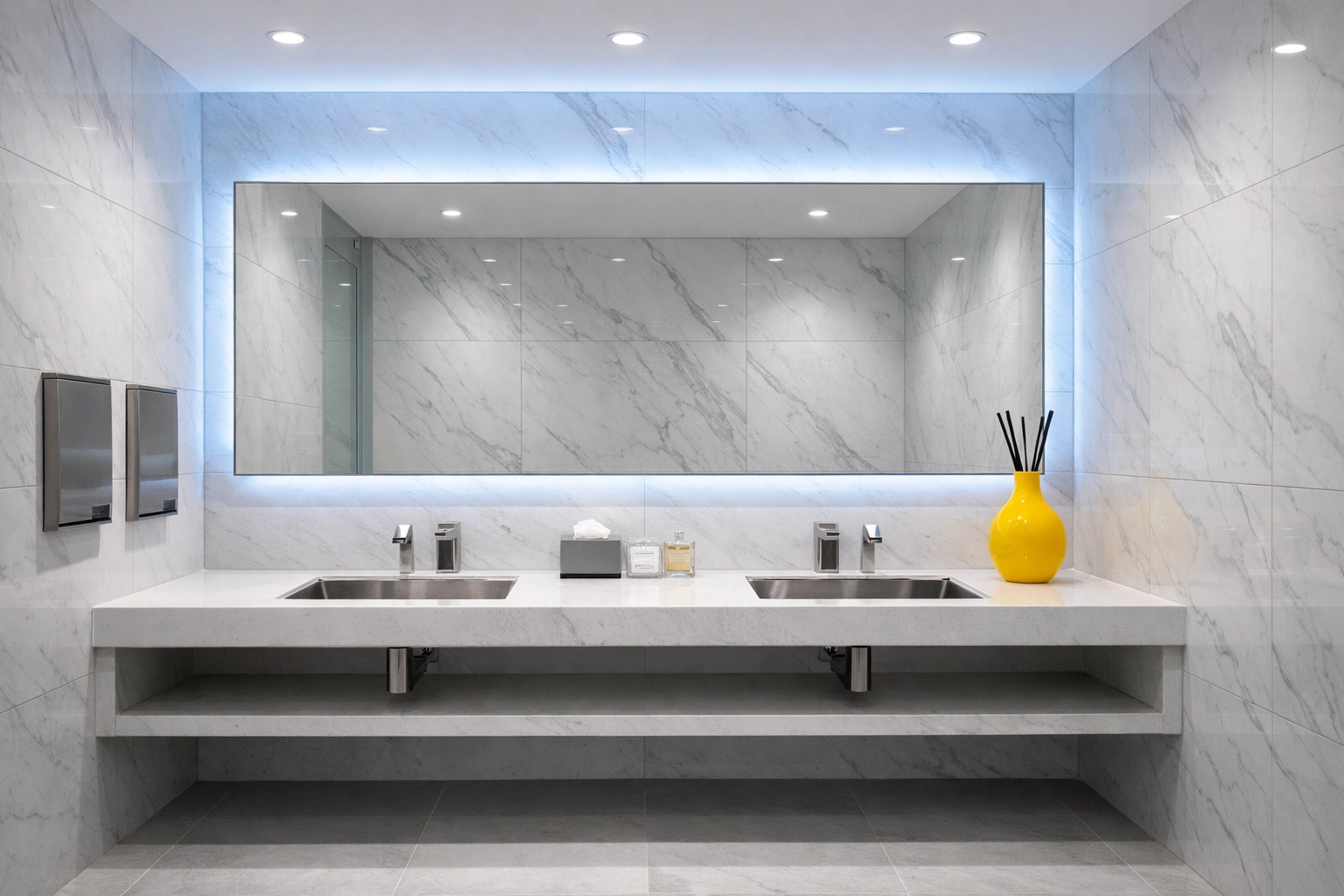 Clean and sanitized commercial restroom in a car dealership featuring white marble finishes.
