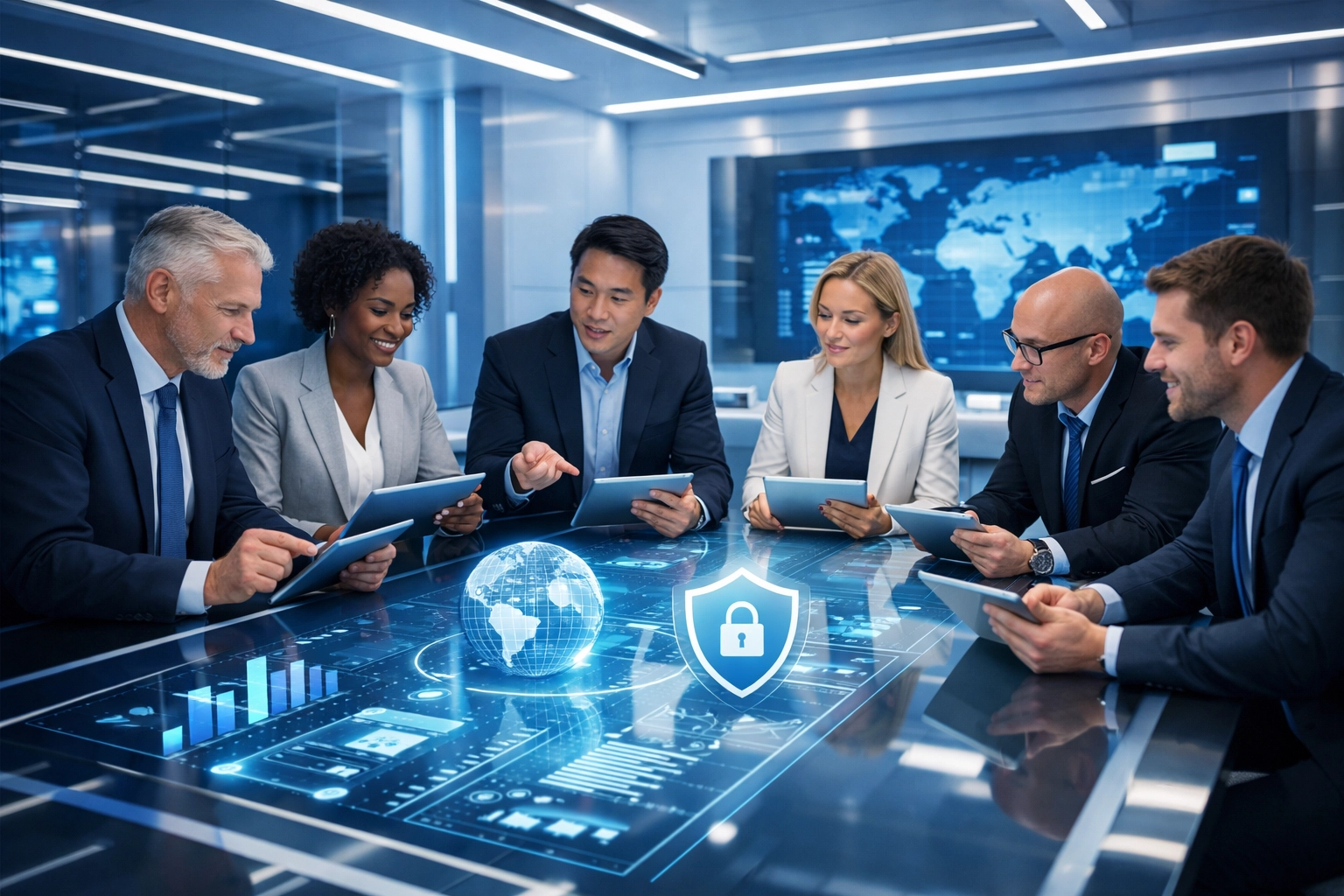 Professional team collaborating on advanced business technology and cybersecurity solutions in a modern boardroom.