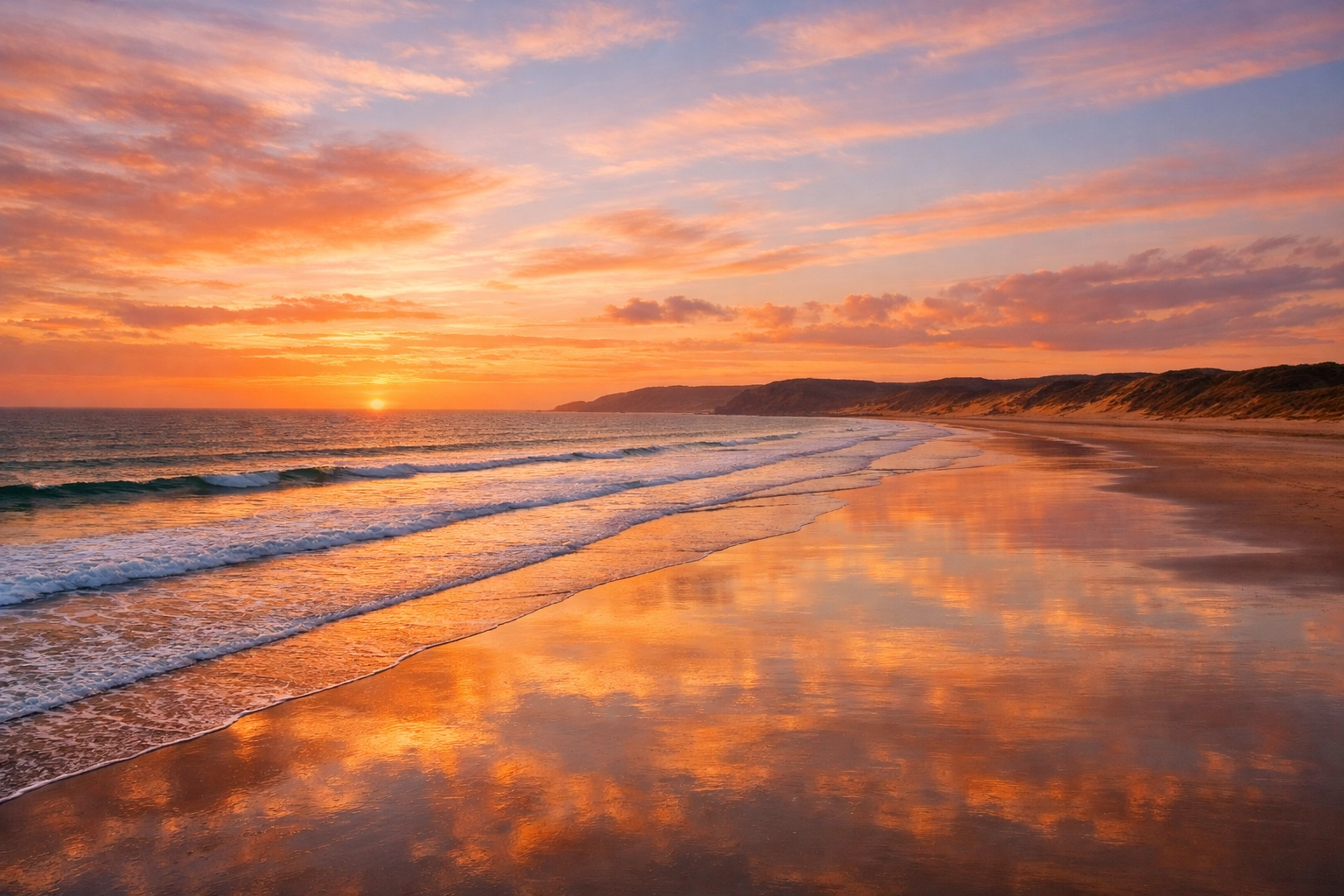 Serene sunset at Saunton Sands beach, North Devon, an ideal location for a peaceful memorial and scattering ashes.