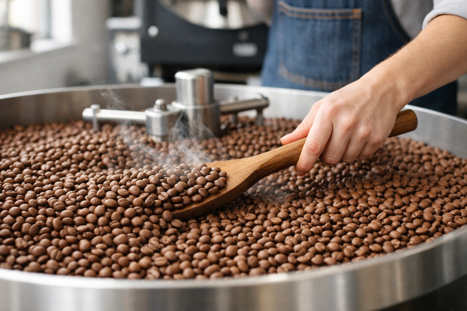 A cooling tray filled with uniform, medium-roast coffee beans in an artisanal roastery setting.