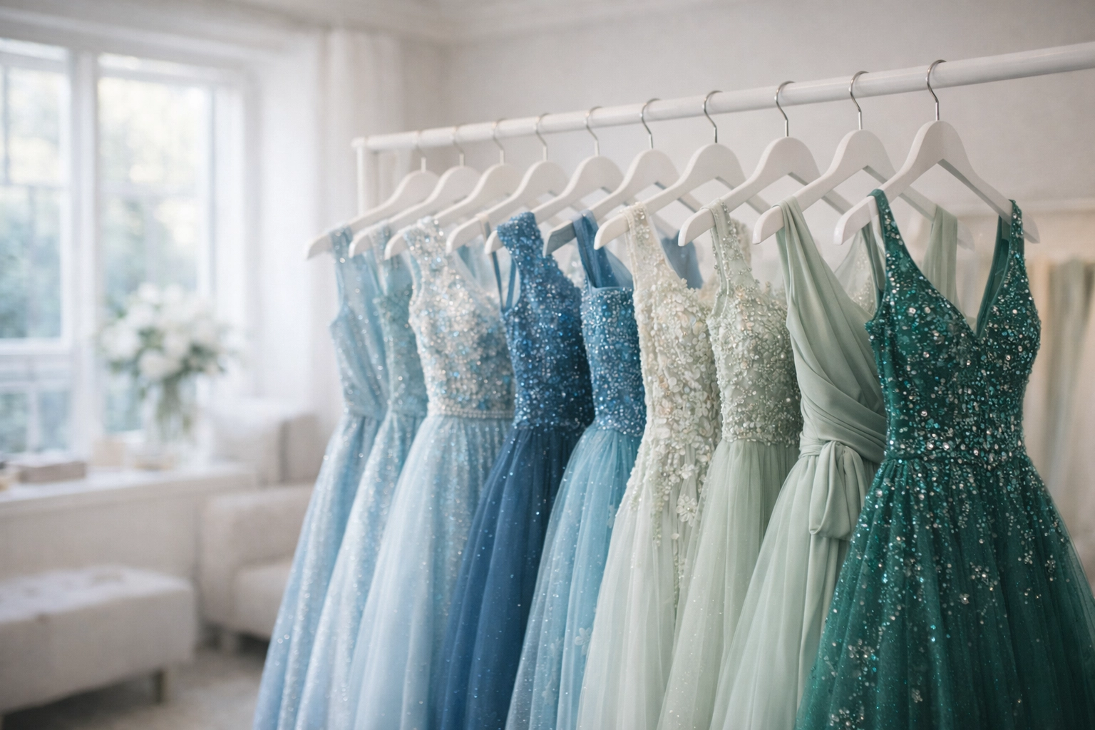 Blue and green prom dresses hanging on a rail in our boutique during the £175 prom clearance.