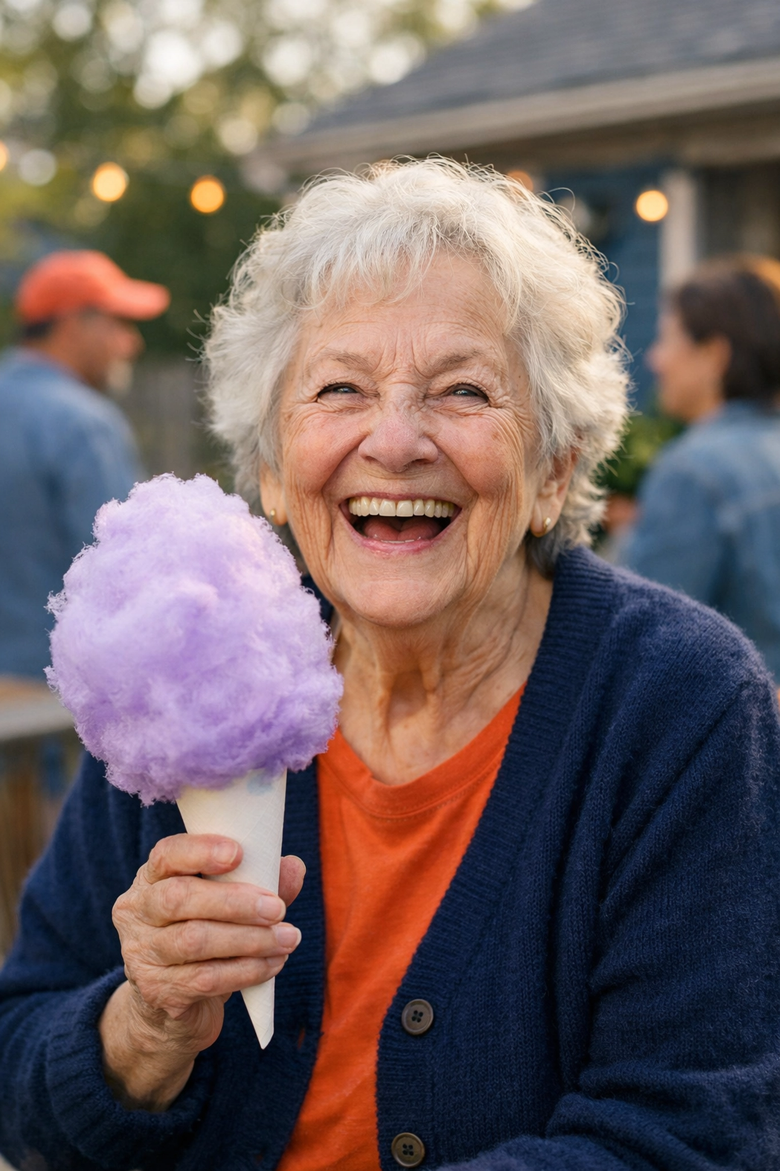 Elderly neighbor enjoying purple cotton candy cone with joyful smile