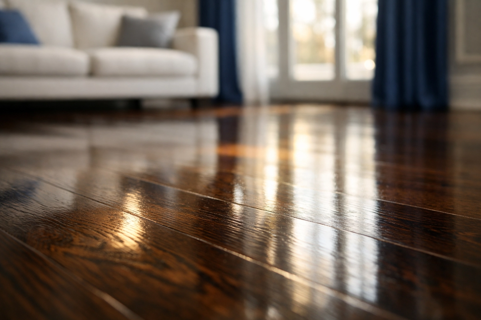 Shining dark oak hardwood floors in a luxury home after weekly house cleaning Wellesley MA.