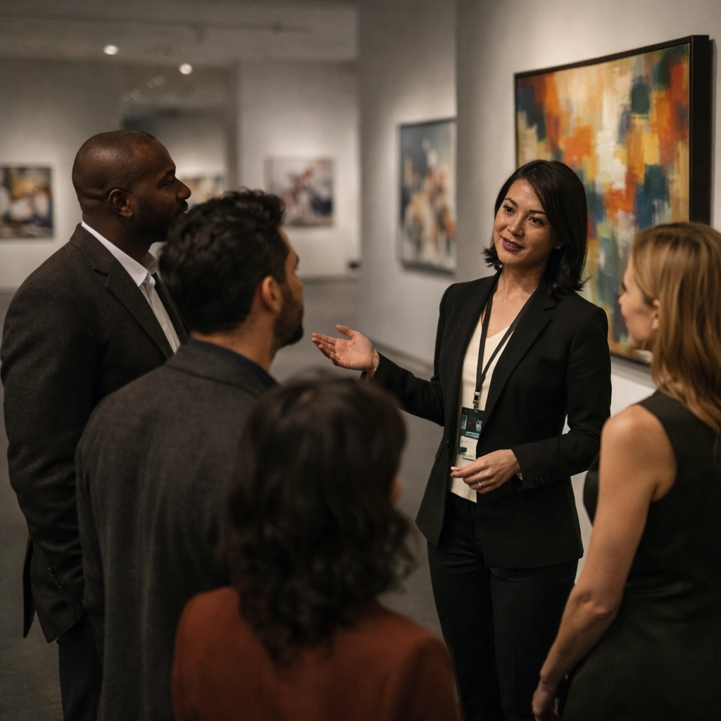 High-end private MoMA tour led by an Asian or Black museum professional guide, with a small adult group listening closely in a modern gallery