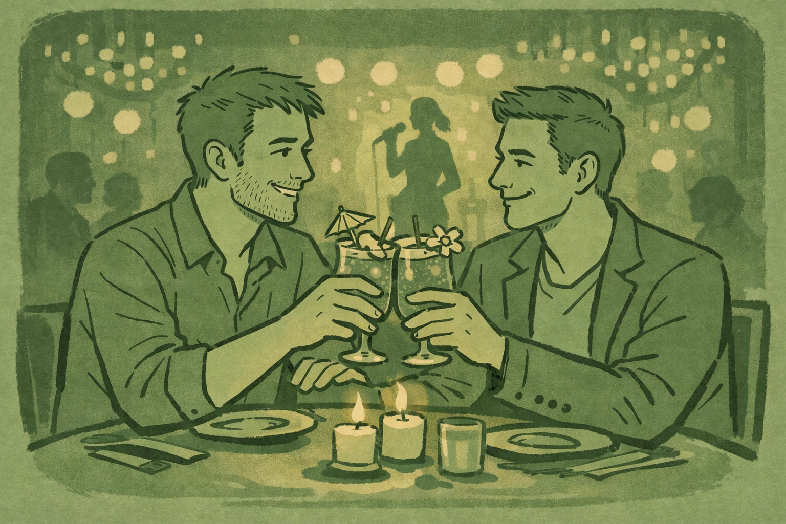 Gay couple toasting with tropical cocktails at romantic dinner in Sydney LGBTQ+ venue