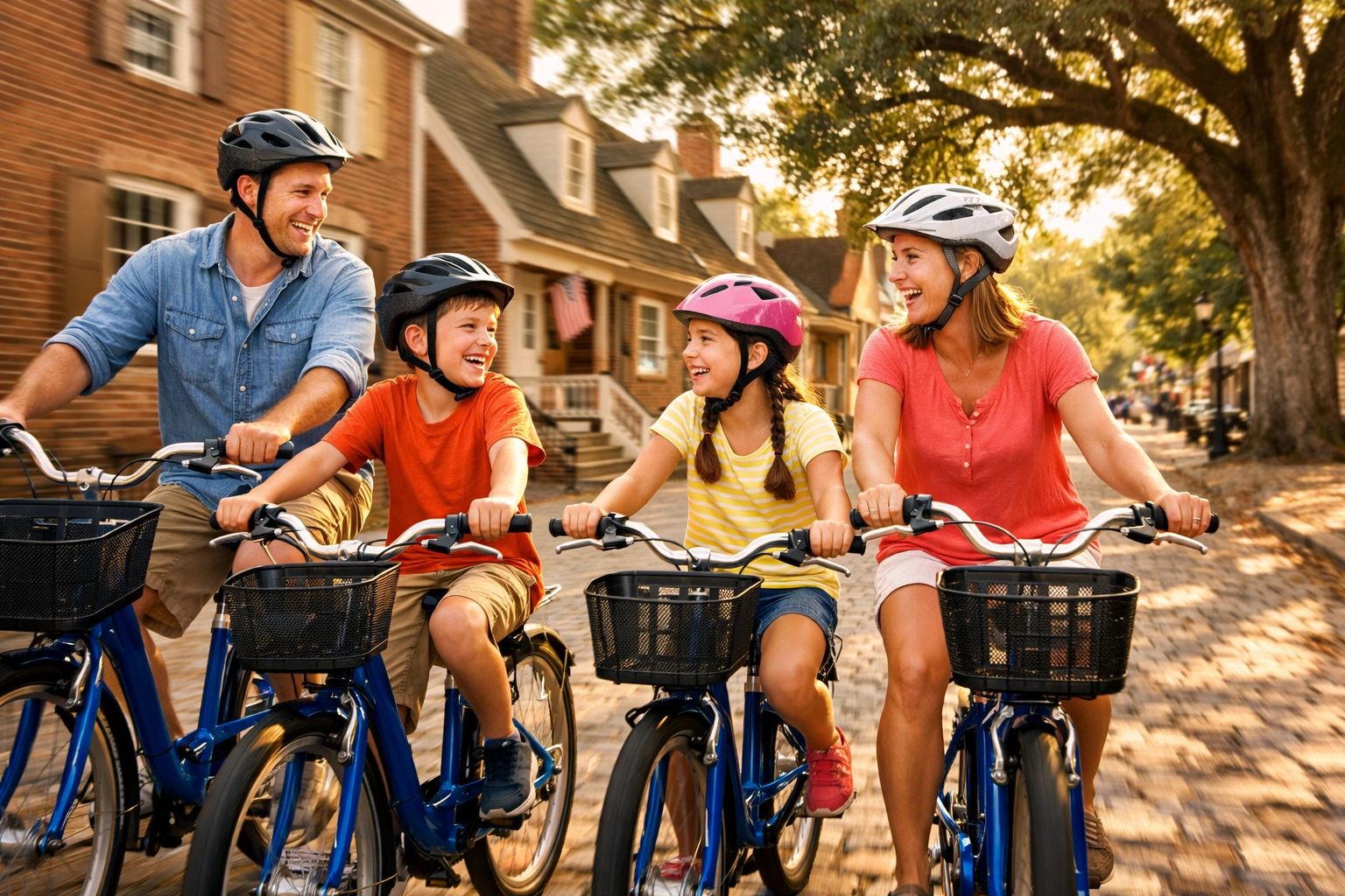 A family riding bikes in historic Williamsburg, a top activity for entertaining kids while traveling.
