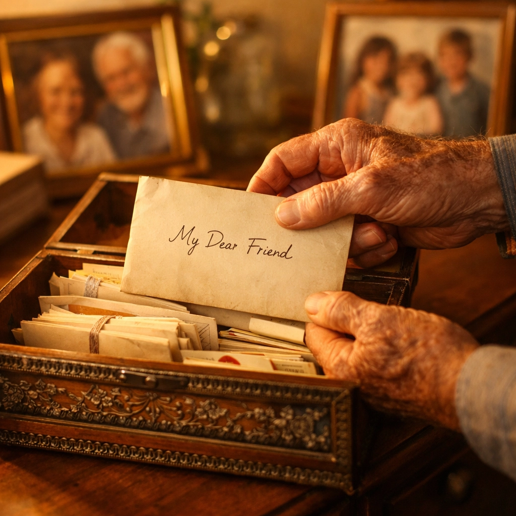 Senior saving cherished pen pal letters in keepsake memory box