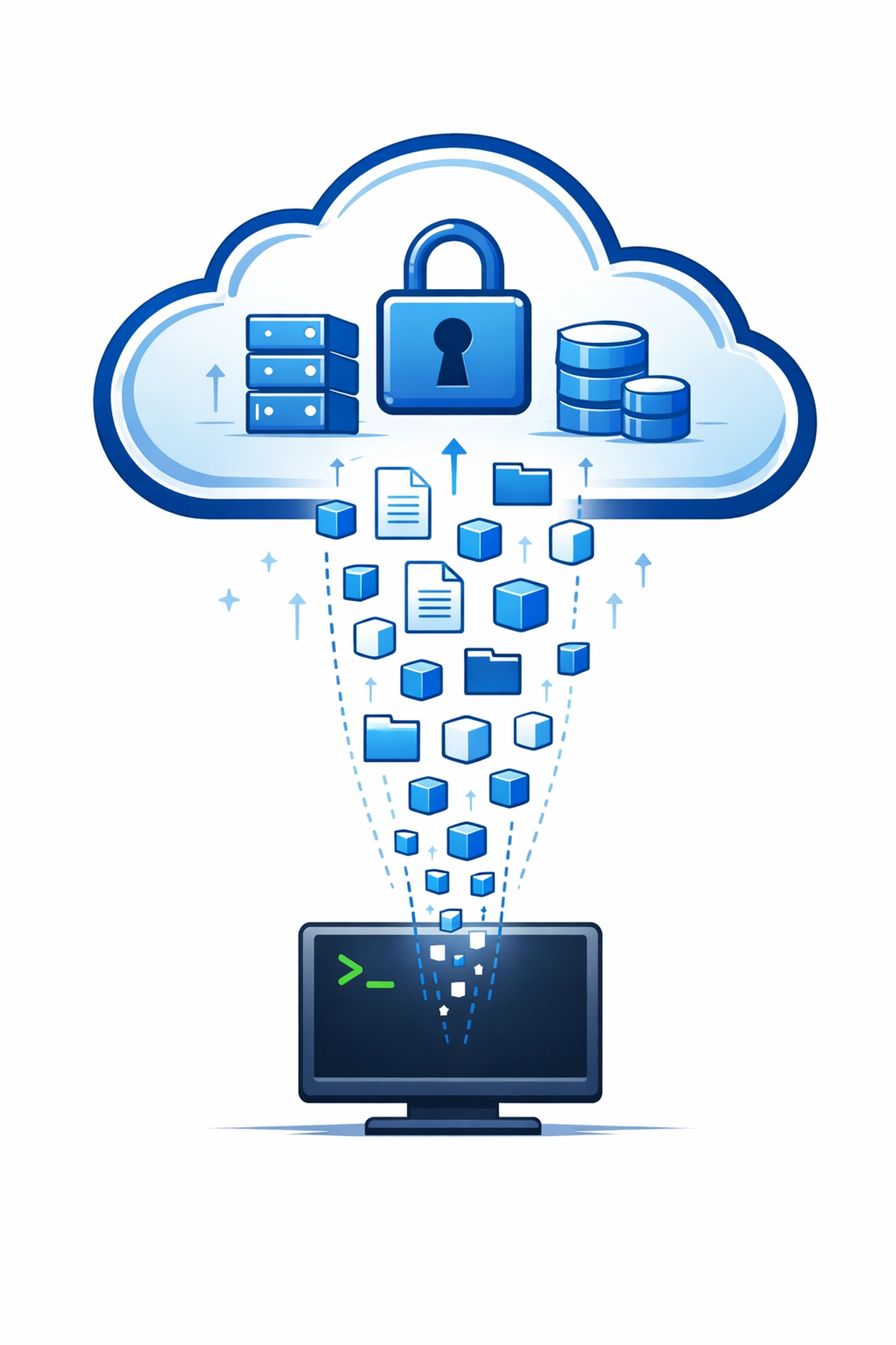 Secure cloud storage backup showing data files being safely transferred to a remote server.
