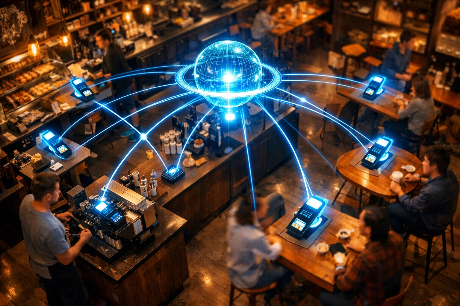 Multi-location coffee shop using Larecoin master wallet system with connected payment terminals