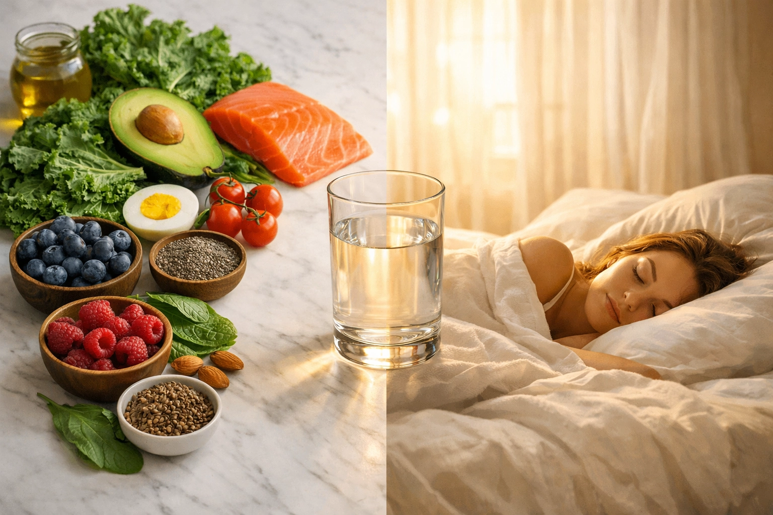 Healthy foods and restful sleep representing metabolic health factors in hormone balance