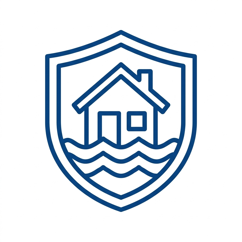 A professional line icon representing a flood insurance policy with a house and waves.