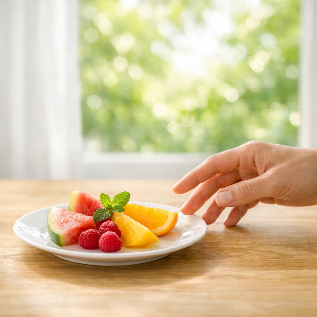 A hand reaching for fresh fruit on a plate, representing mindfulness and healthy habits for mental health wellness.