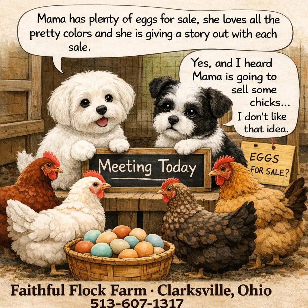 A fluffy white Maltese dog and a black-and-white Shih Tzu dog sitting behind a meeting sign with chickens and eggs