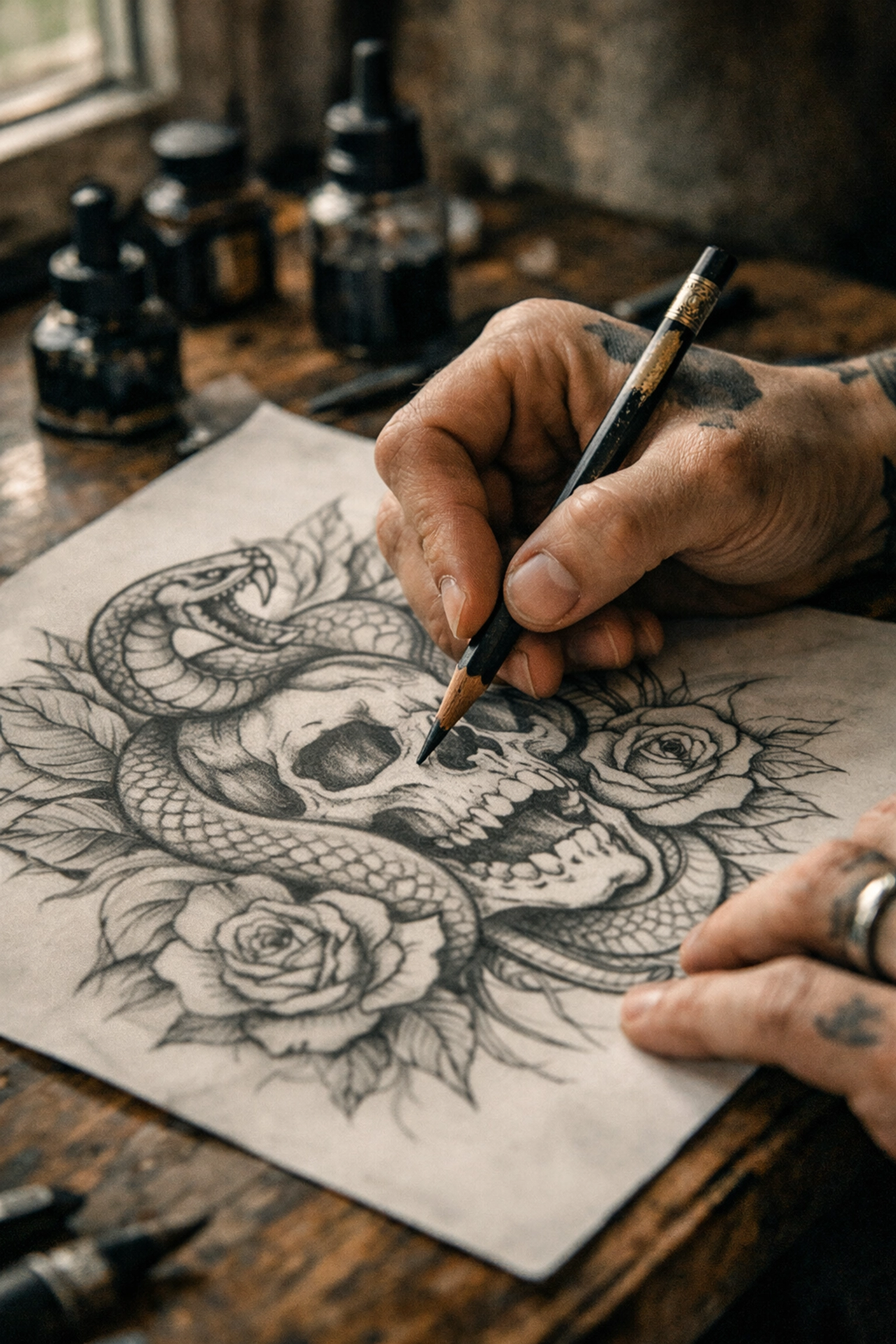 Professional artist sketching a custom tattoo design for a client at our Syracuse NY studio.