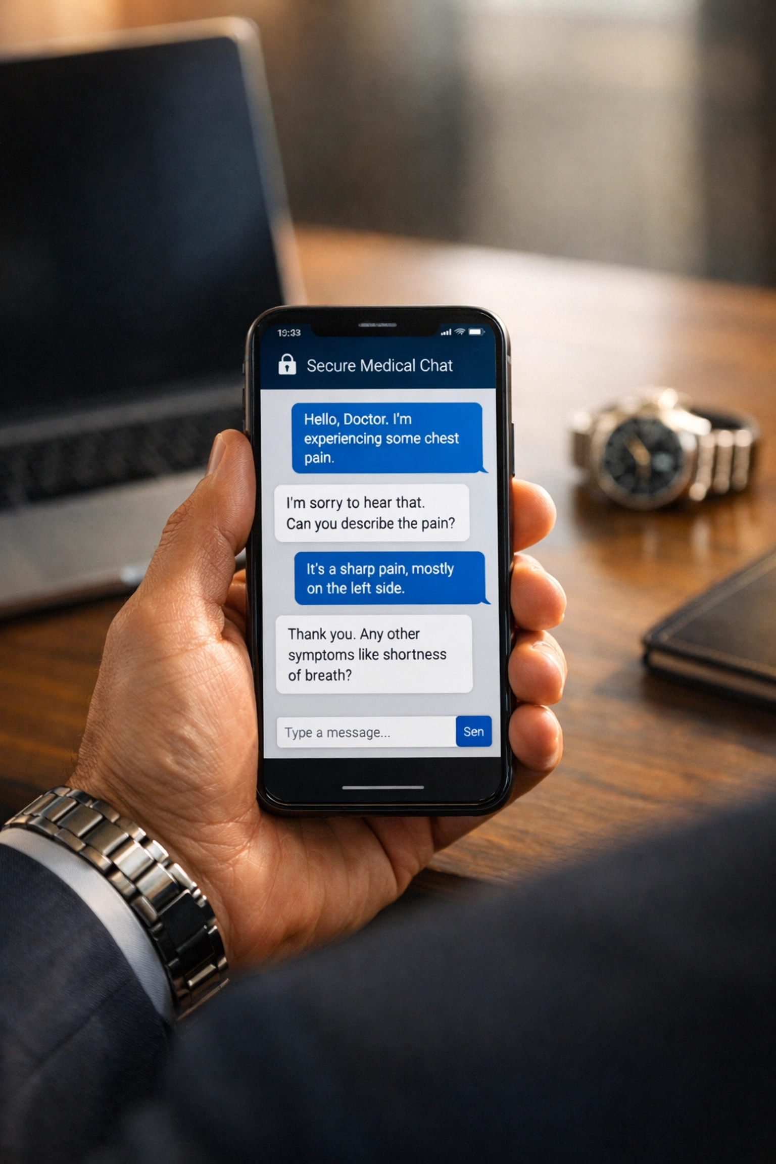 Busy professional using secure medical chat on a smartphone for an efficient online doctor consultation.