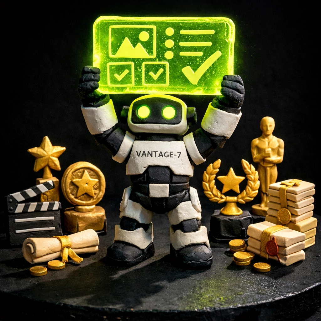 VANTAGE-7 robot presenting a glowing professional portfolio and awards for the LinkedIn Featured section.