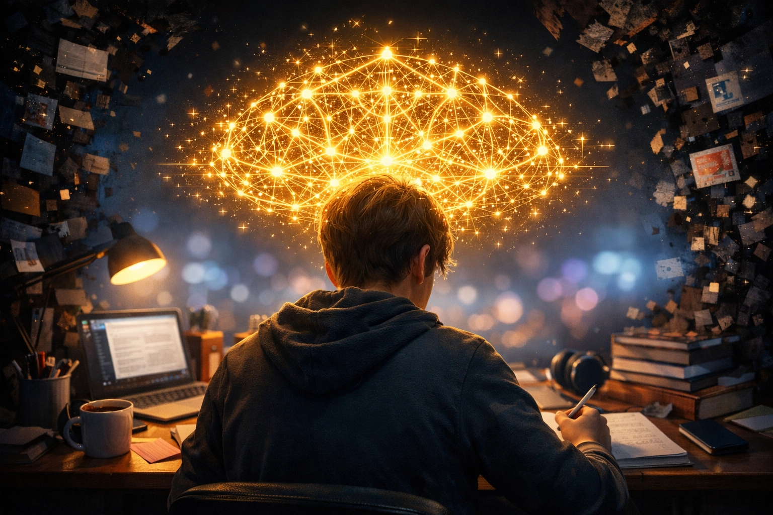 A student in a deep flow state at a desk, illustrating a peak performance window for online learning.