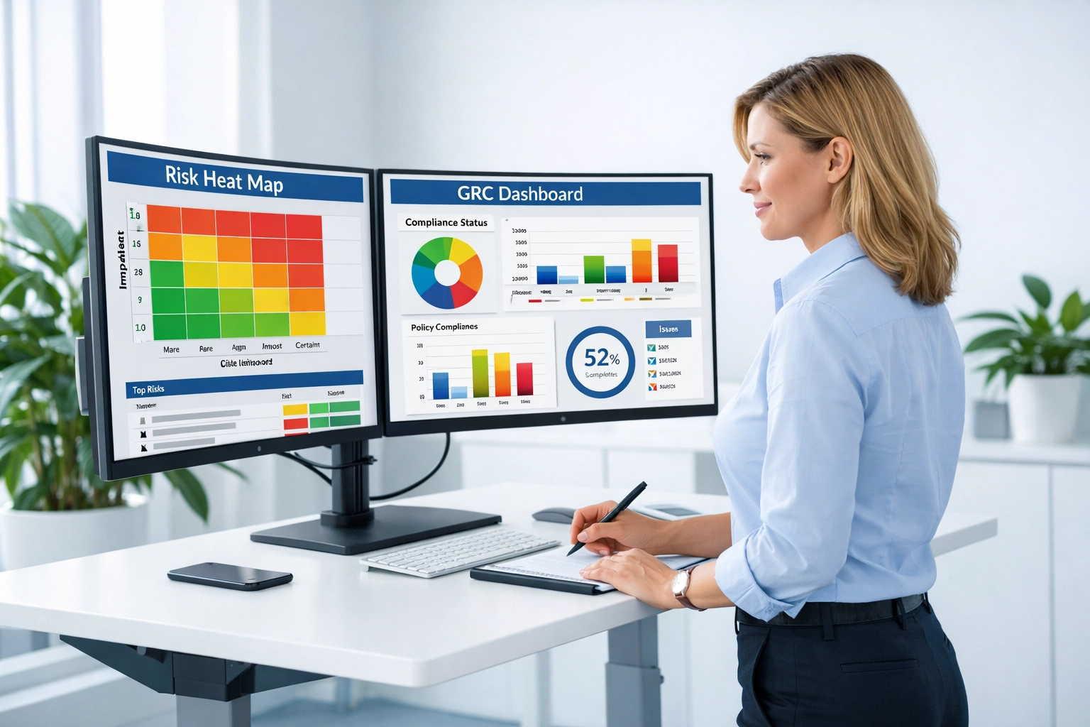 Compliance officer monitoring ServiceNow GRC dashboards and risk management metrics
