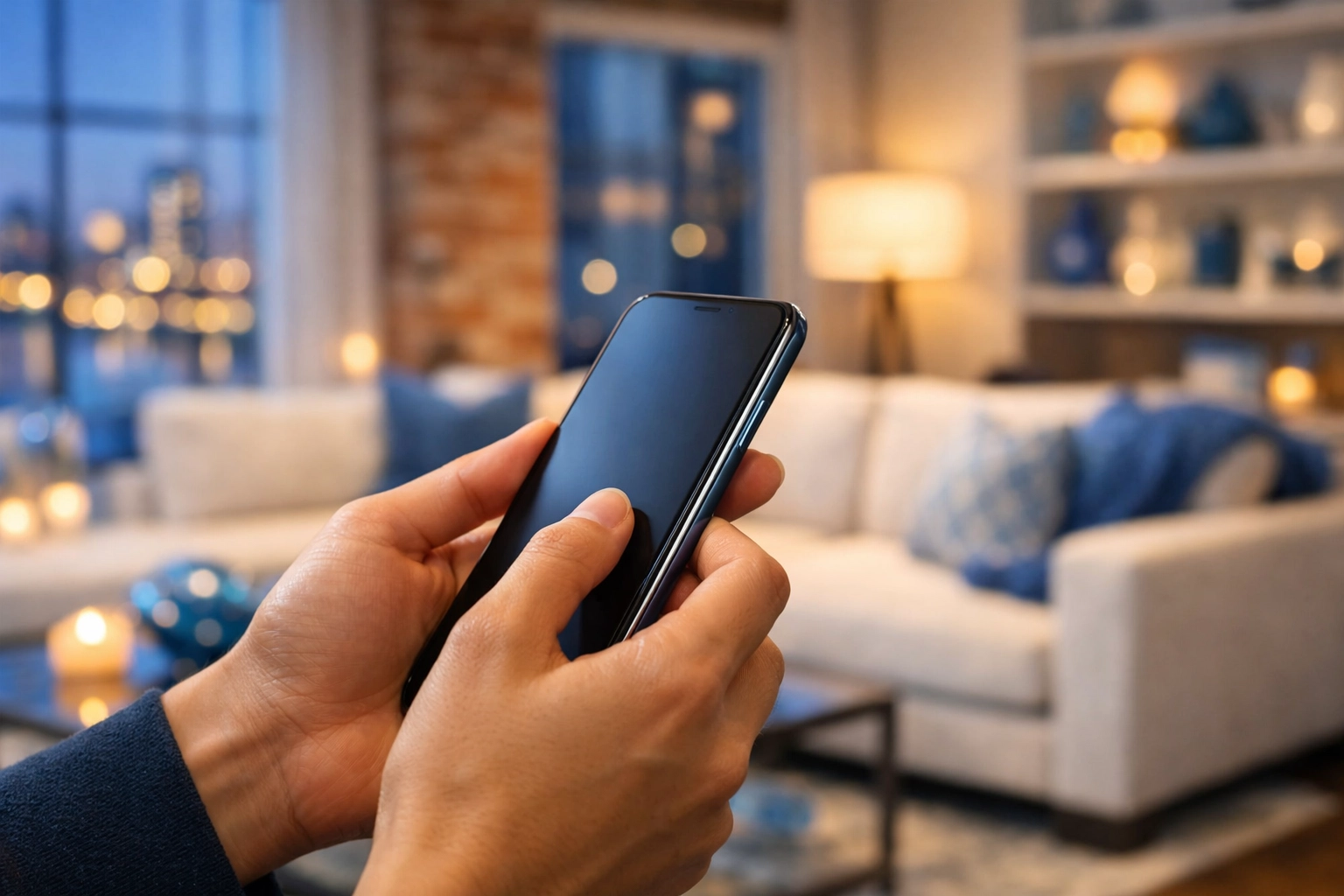 Booking a professional Apartment Cleaning Boston service using a smartphone in a luxury Seaport loft.