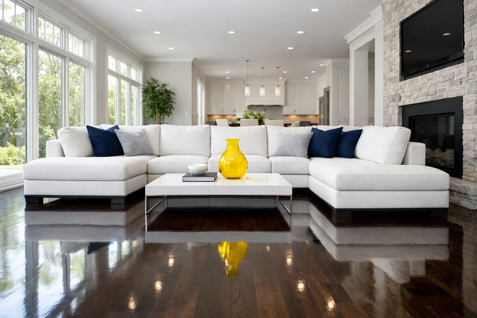 Sun-drenched living room with sparkling hardwood floors from expert house cleaning services MA.