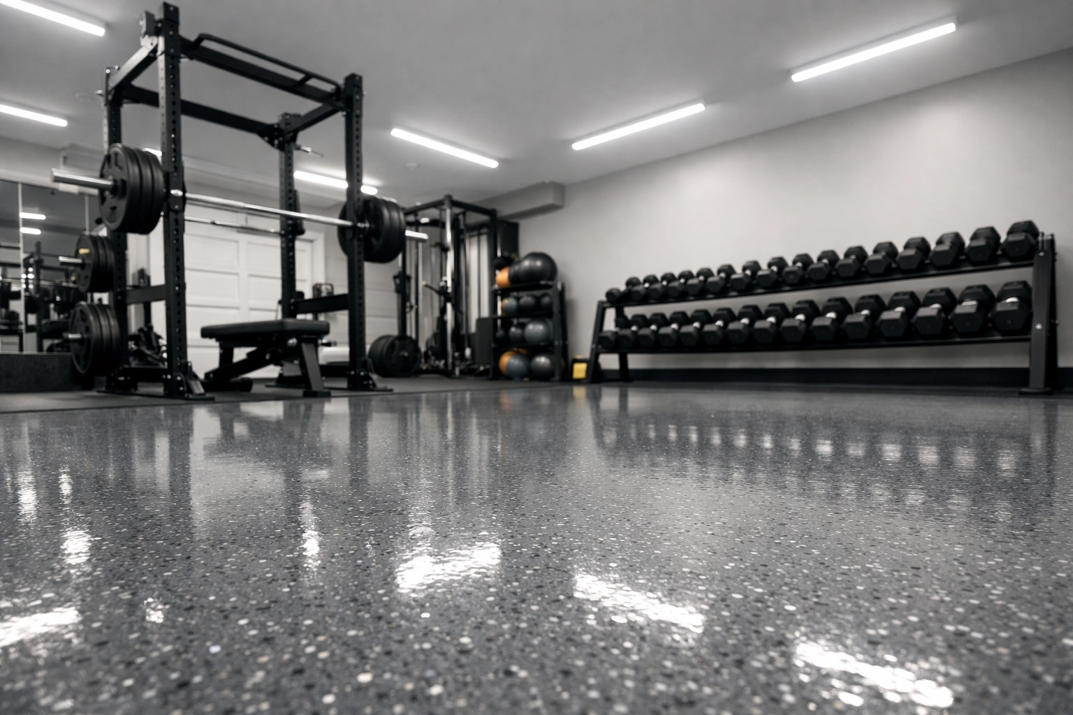 A clean, dust-free Madison garage home gym featuring seamless grey epoxy floor coating and fitness gear.
