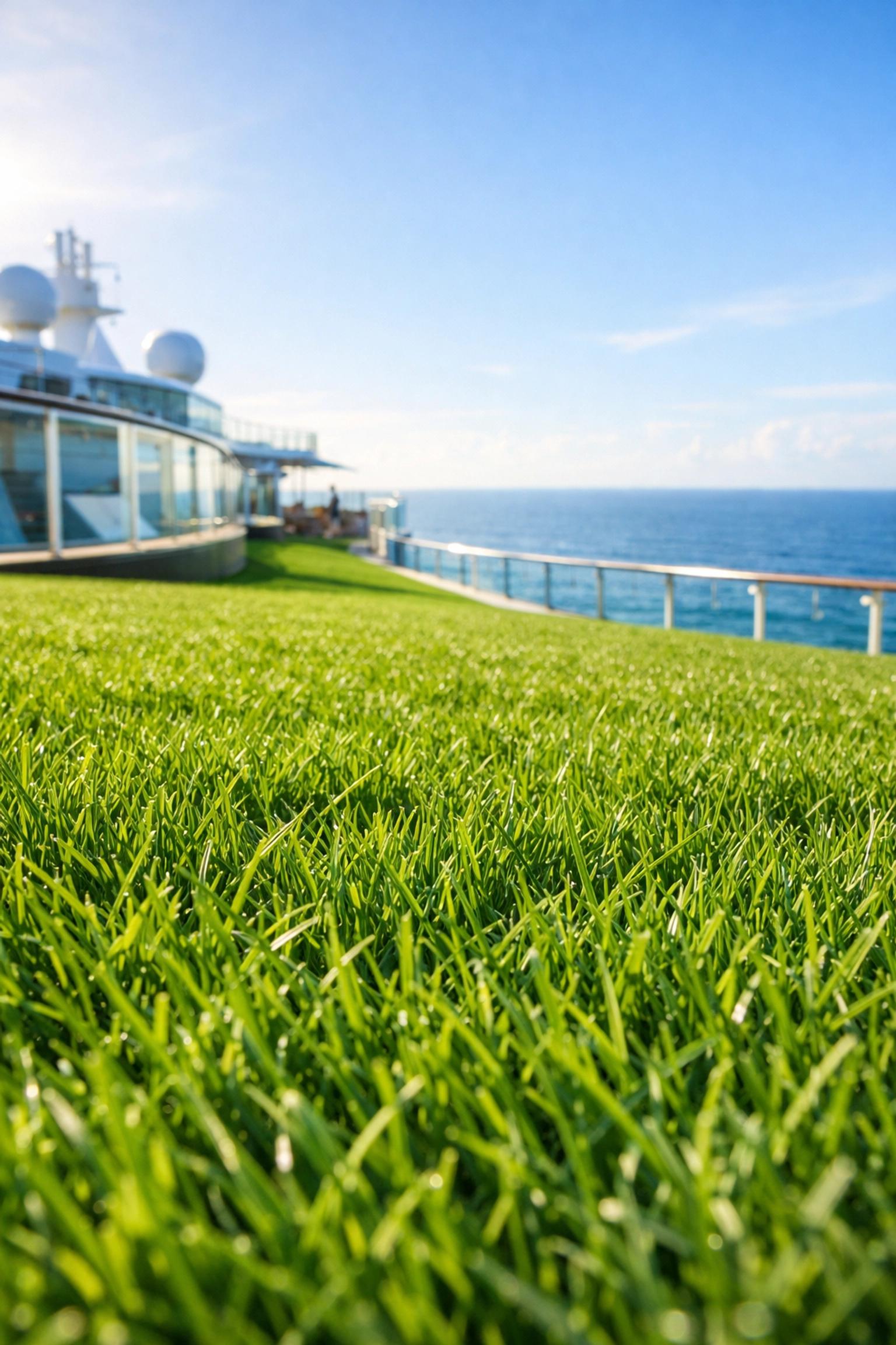 Lush green grass lawn on a luxury cruise ship deck overlooking the sparkling blue ocean.