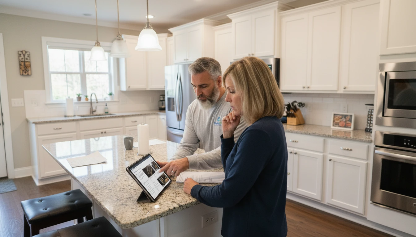 Mastertech specialist reviews inspection results using a tablet in a modern kitchen