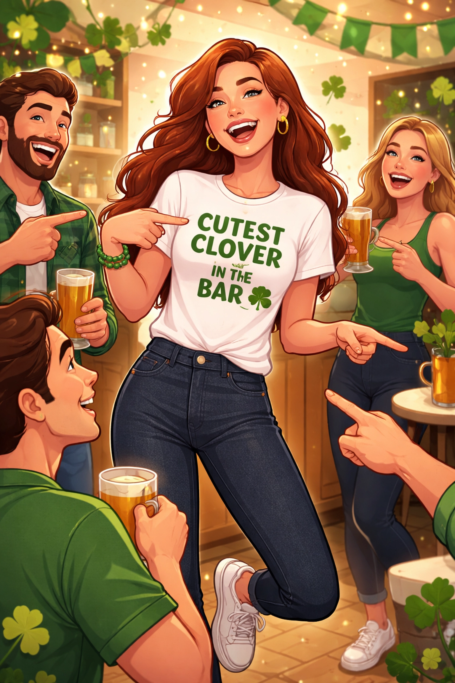 Woman in a witty St. Patrick's Day tee at a party, surrounded by laughing friends, showcasing festive yet stylish attire.