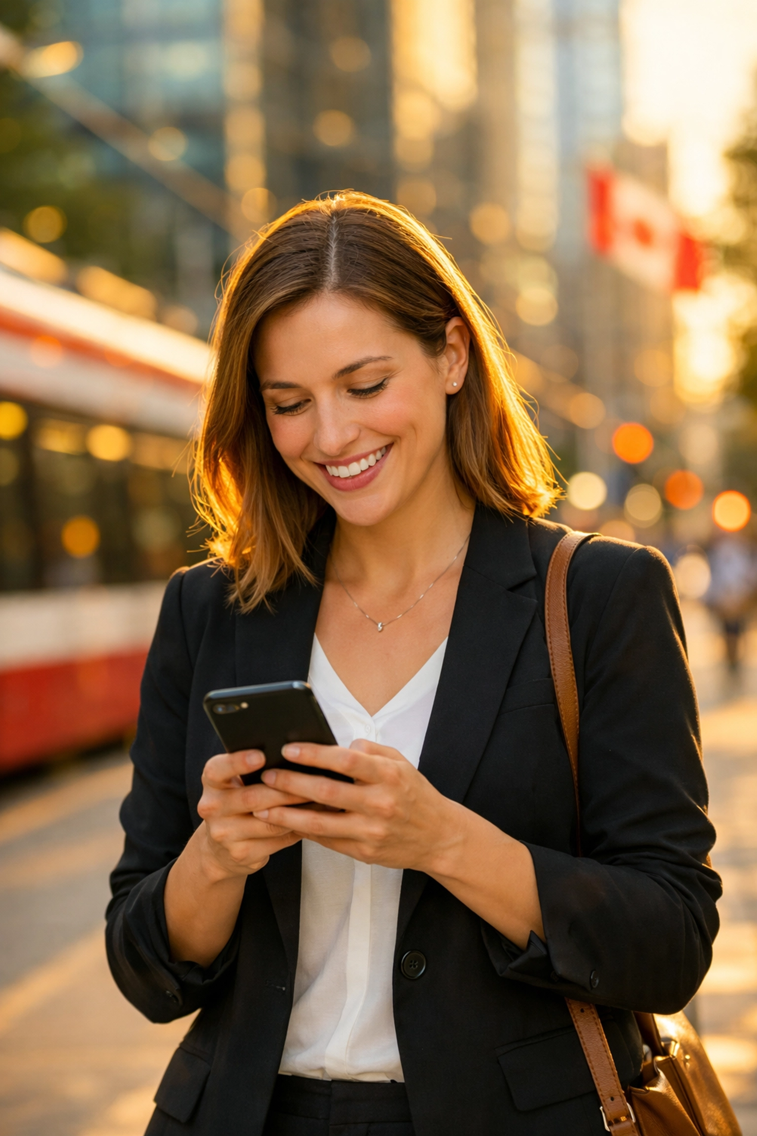 Relieved woman in a Canadian city using her phone for an instant payday loan.