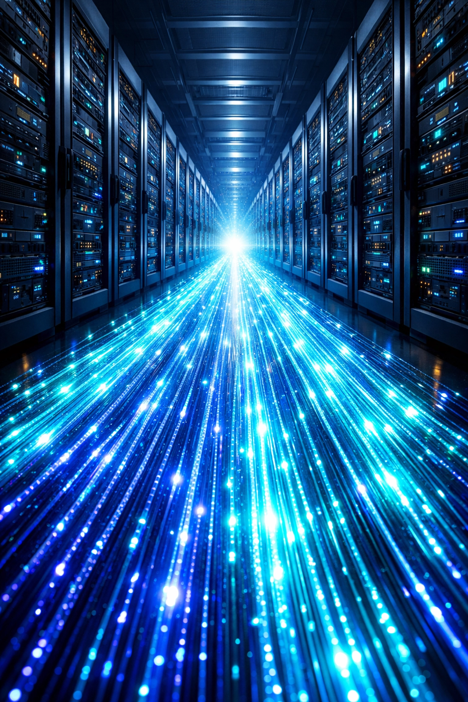 Modern data center server racks and a glowing pathway representing efficient network infrastructure solutions.