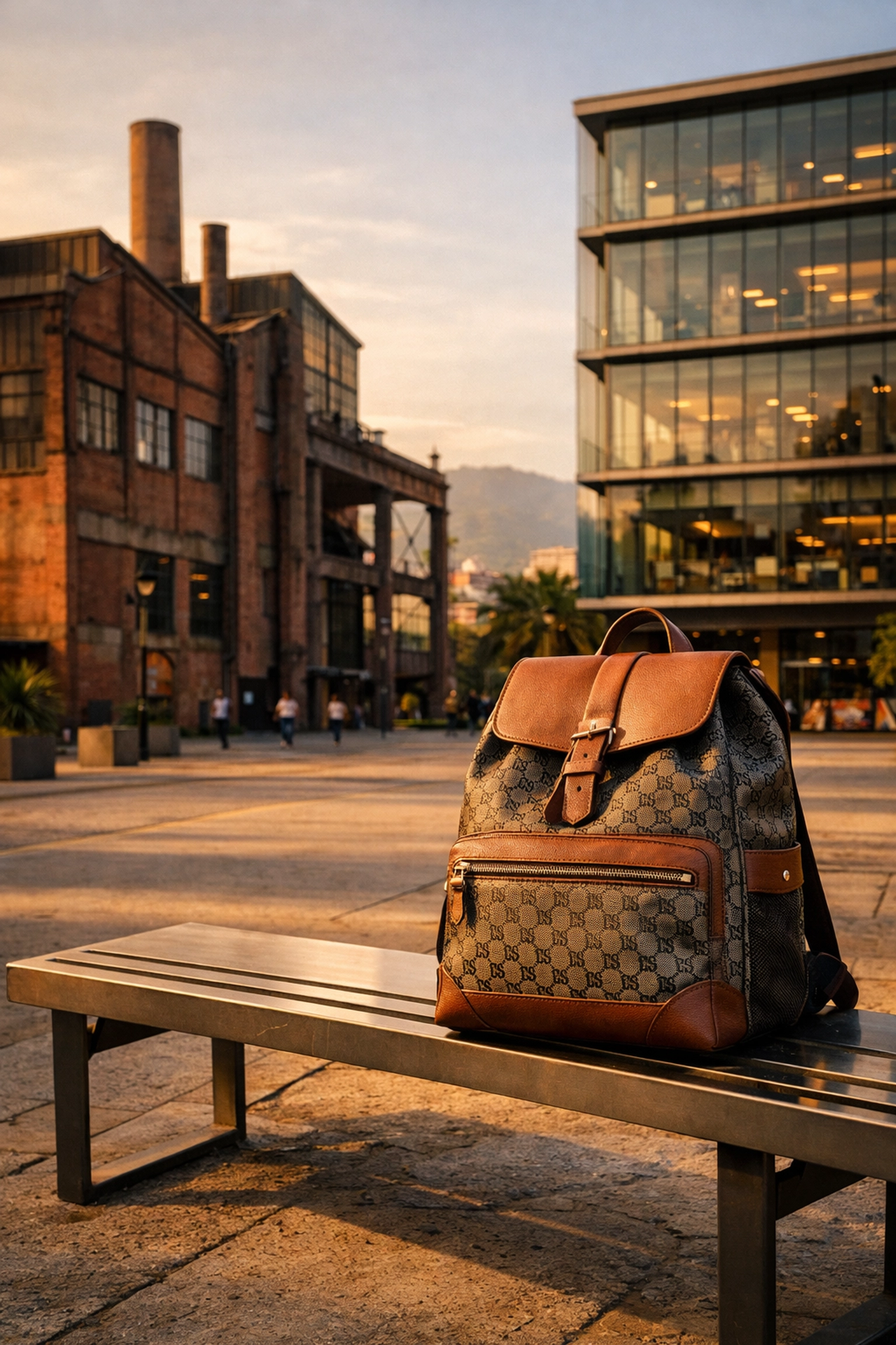 Artisanal Tigre de Salón backpack in Medellín’s Ciudad del Río district, blending heritage with urban fashion.