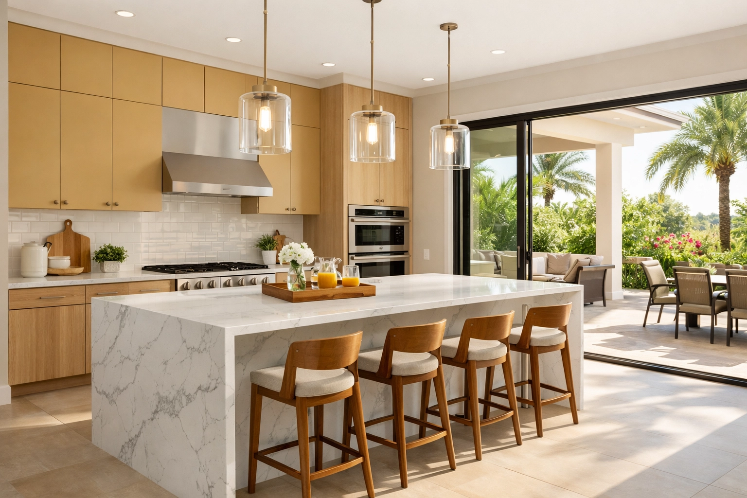 Professional kitchen remodeling Orlando featuring a marble waterfall island and seamless indoor-outdoor transition.