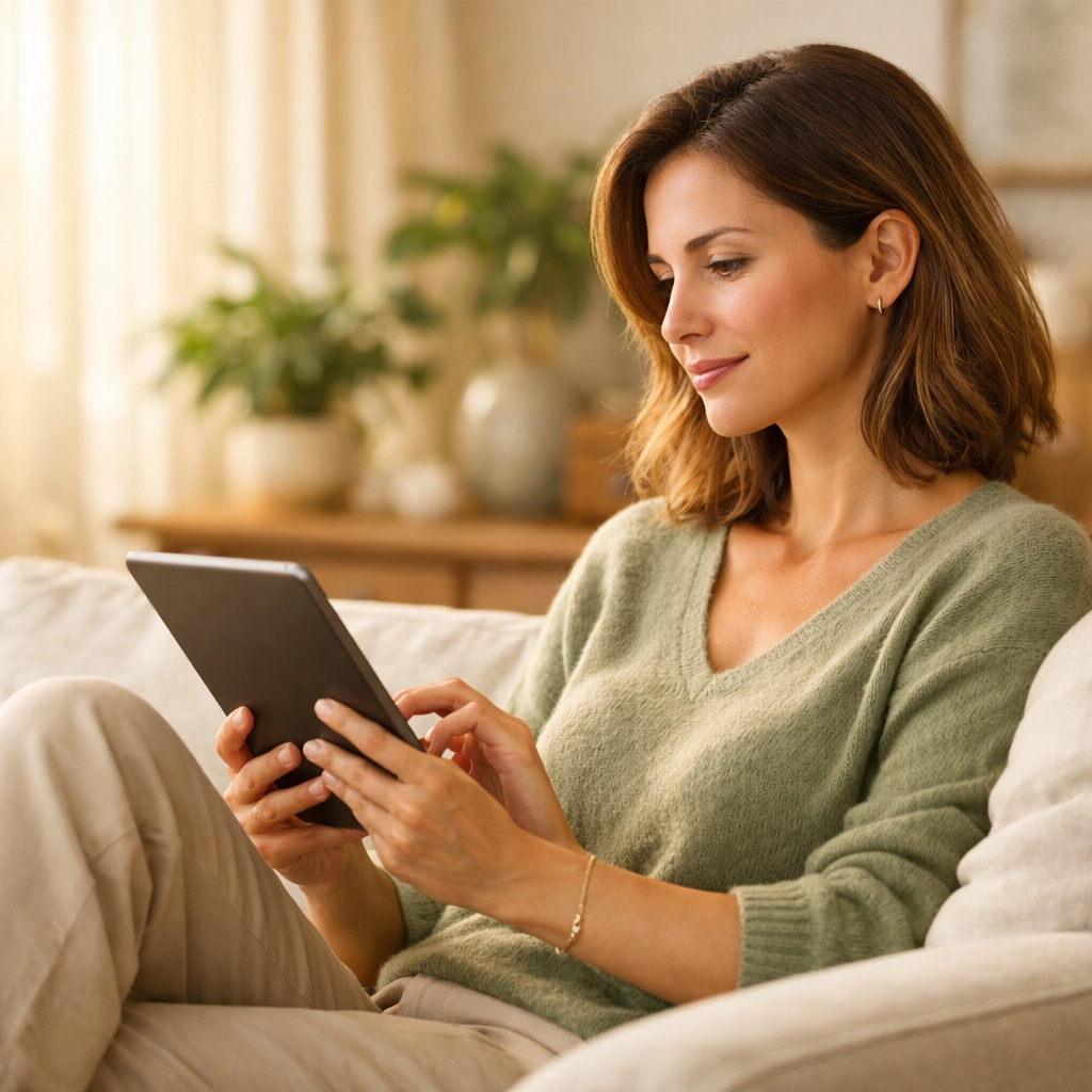 A woman calmly reviewing her medical history and pregnancy records for Maryland surrogate clinic screening.