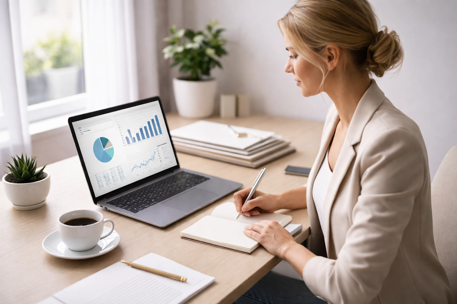 Female entrepreneur at an organized desk highlighting the ease of bookkeeping-driven tax preparation.