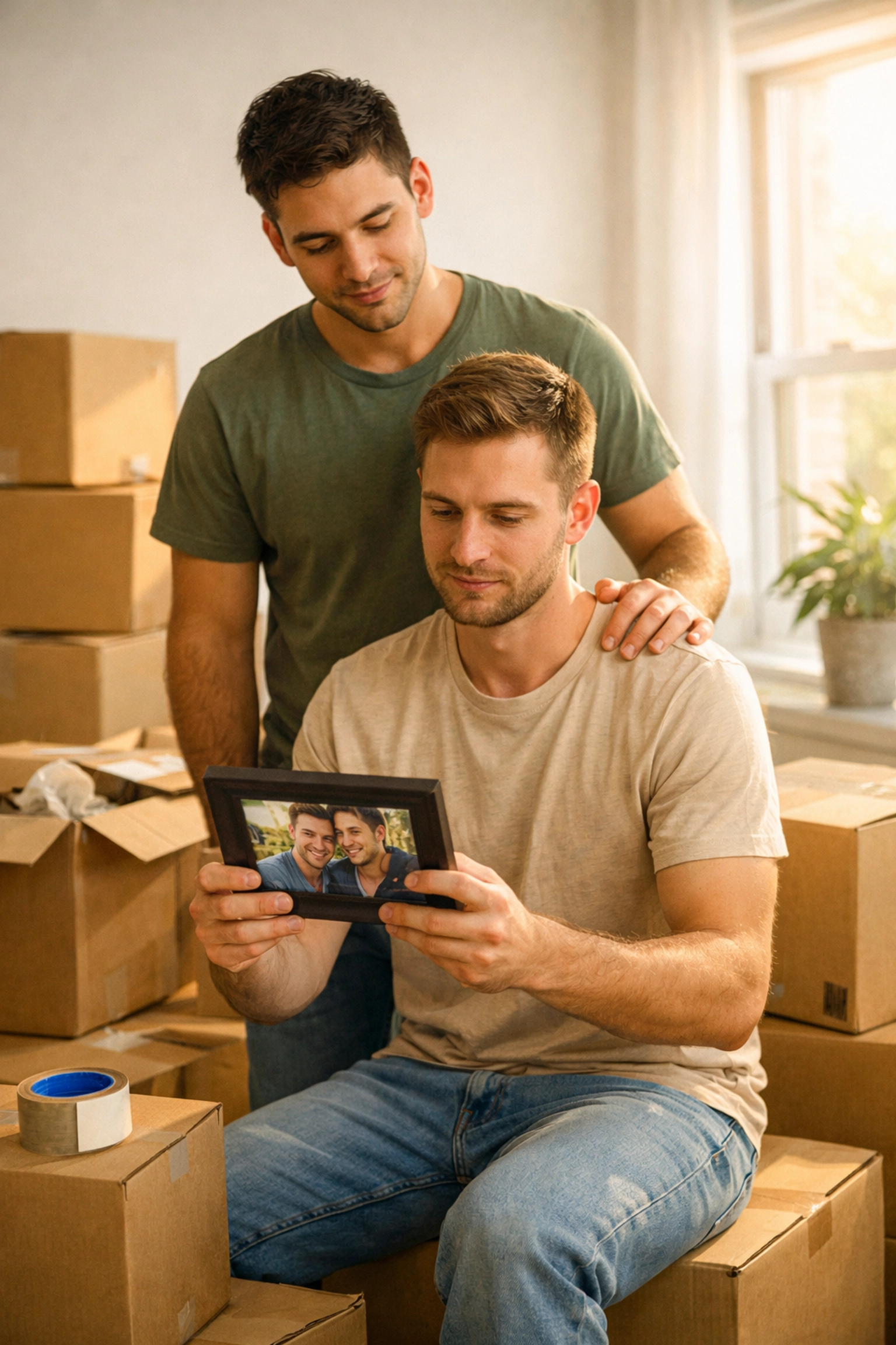 Two men in a new apartment surrounded by boxes, illustrating a common queer relationship milestone.